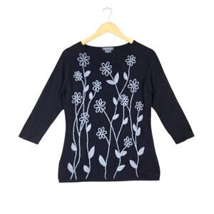 Mendocino Silk Cashmere Sweater sz S Black Floral Embroidered Quiet Luxury Chic